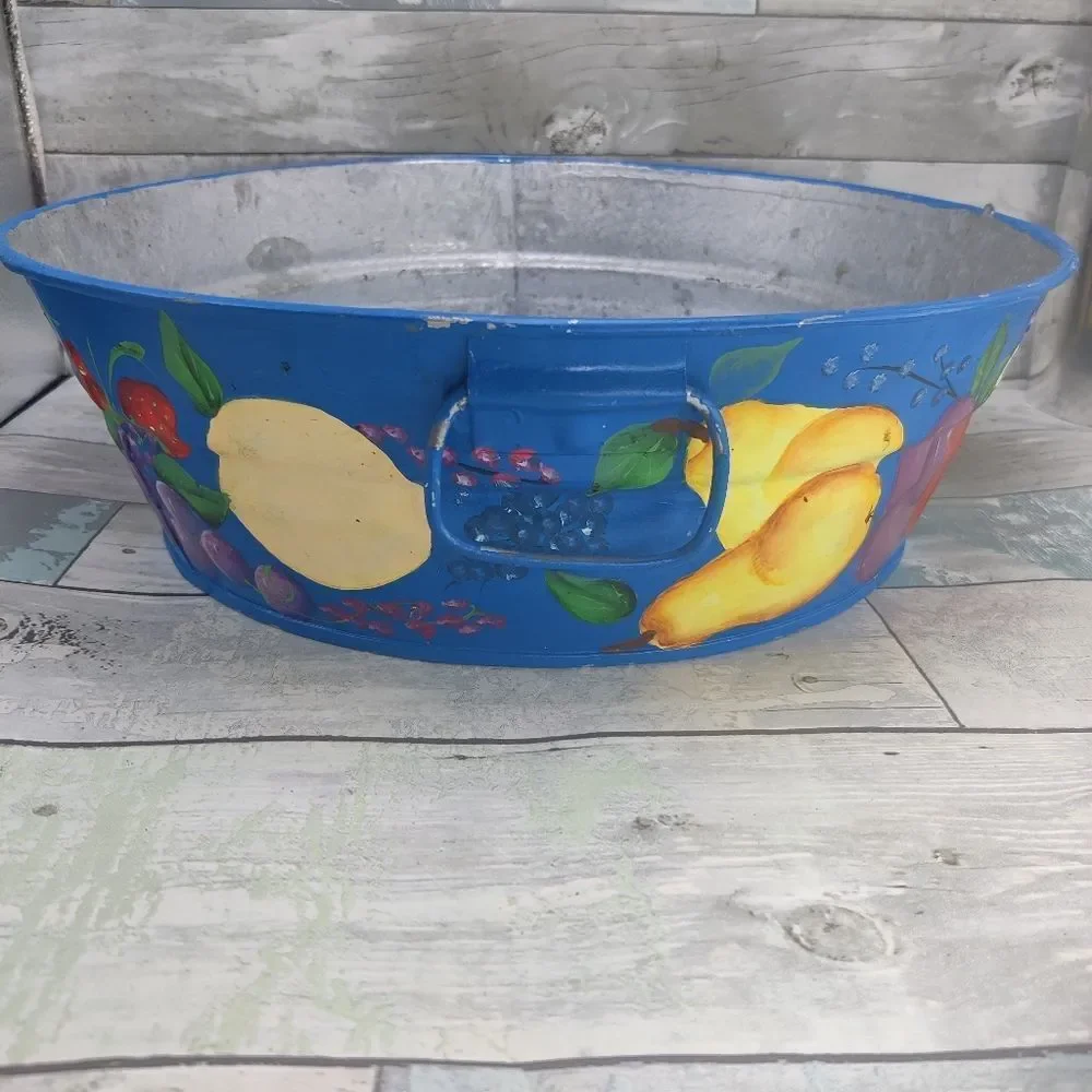 VINTAGE HAND Painted Galvanized Metal Tub Colorful Fruits on Blue